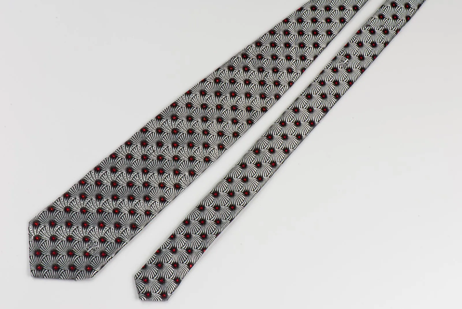 Silver Geometric Pattern On Black Silk Neck Tie With Rhinestones