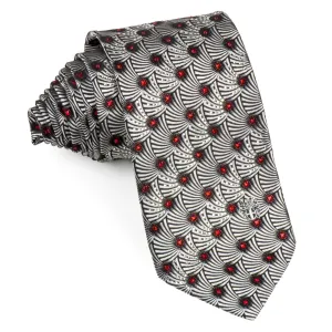 Silver Geometric Pattern On Black Silk Neck Tie With Rhinestones