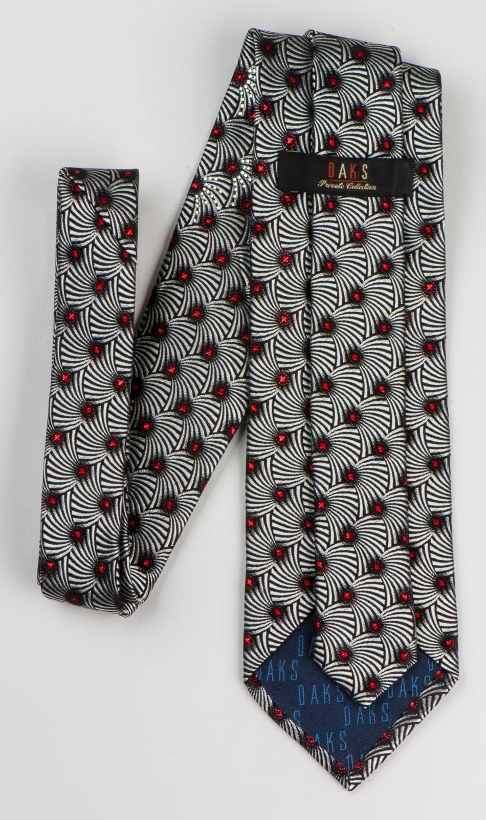 Silver Geometric Pattern On Black Silk Neck Tie With Rhinestones