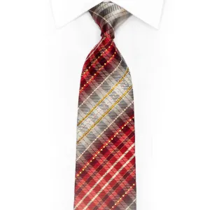 Silver Red Burgundy Plaid Design Rhinestone Silk Tie With Gold Sparkles