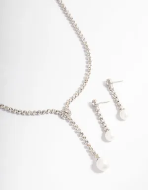 Silver Round Cup Chain Pearl Earring & Necklace Jewellery Set