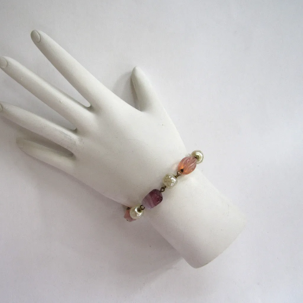 Silver-tone Faux Pearl and Pastel Glass Bracelet