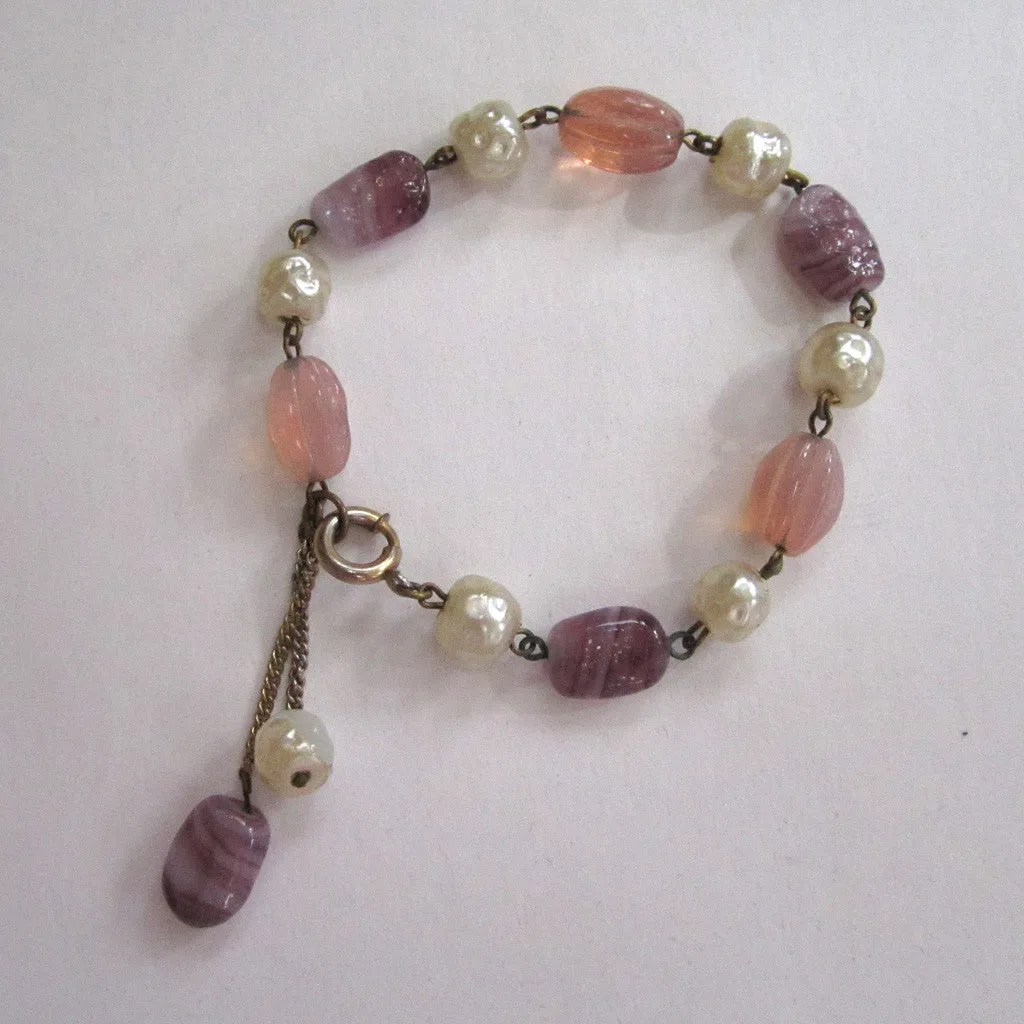 Silver-tone Faux Pearl and Pastel Glass Bracelet