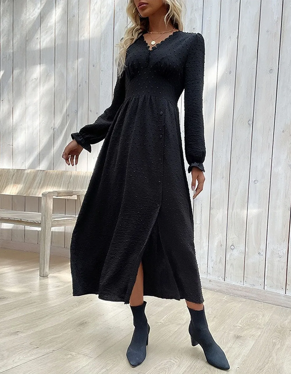Solid-color Jacquard V Neck Long Sleeve Mid-Waist Slits Long A-Line Dresses