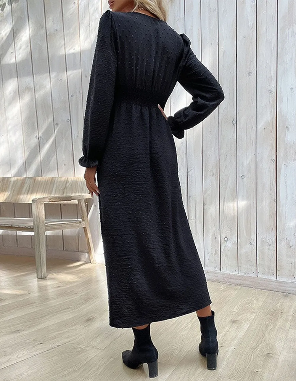 Solid-color Jacquard V Neck Long Sleeve Mid-Waist Slits Long A-Line Dresses
