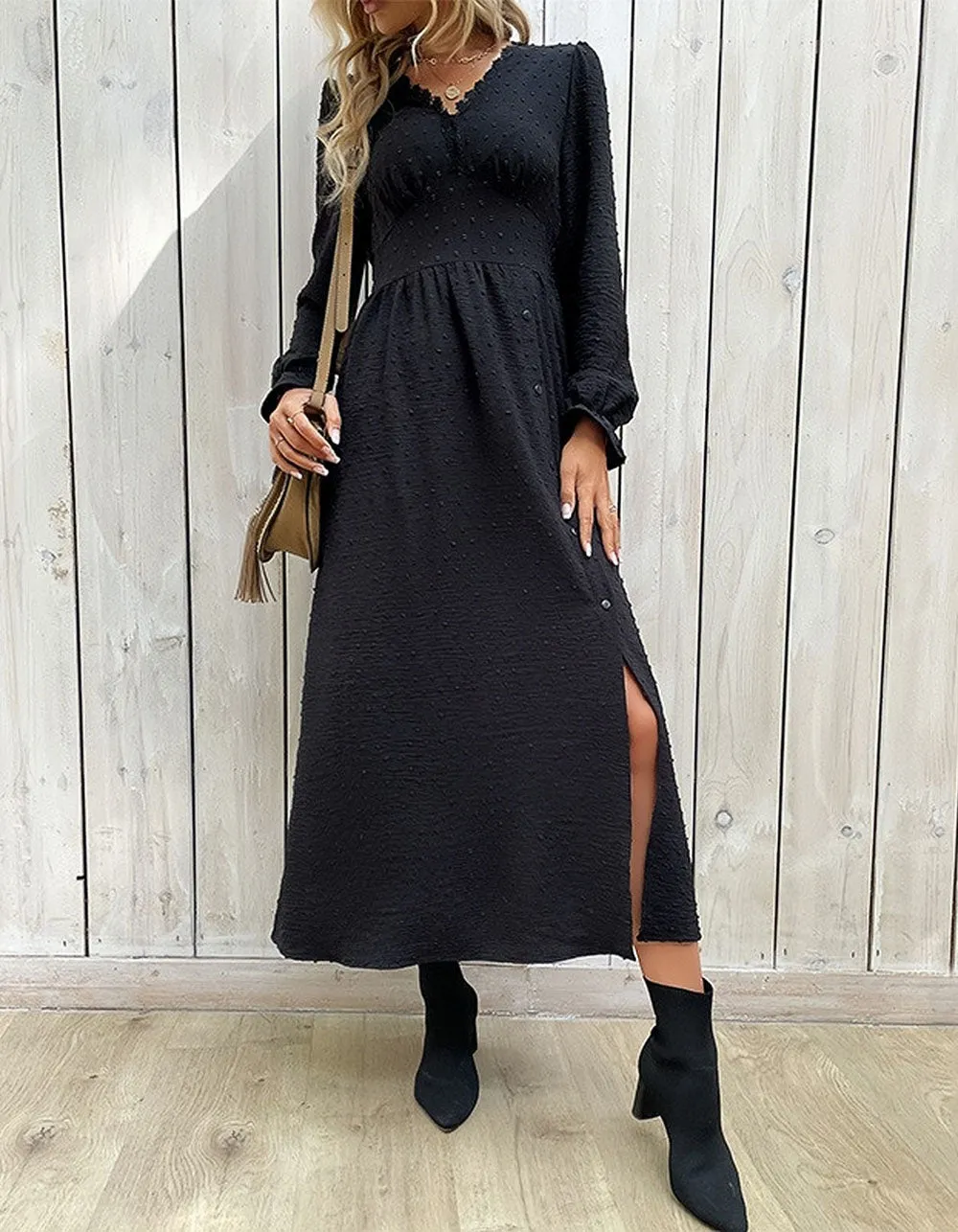 Solid-color Jacquard V Neck Long Sleeve Mid-Waist Slits Long A-Line Dresses