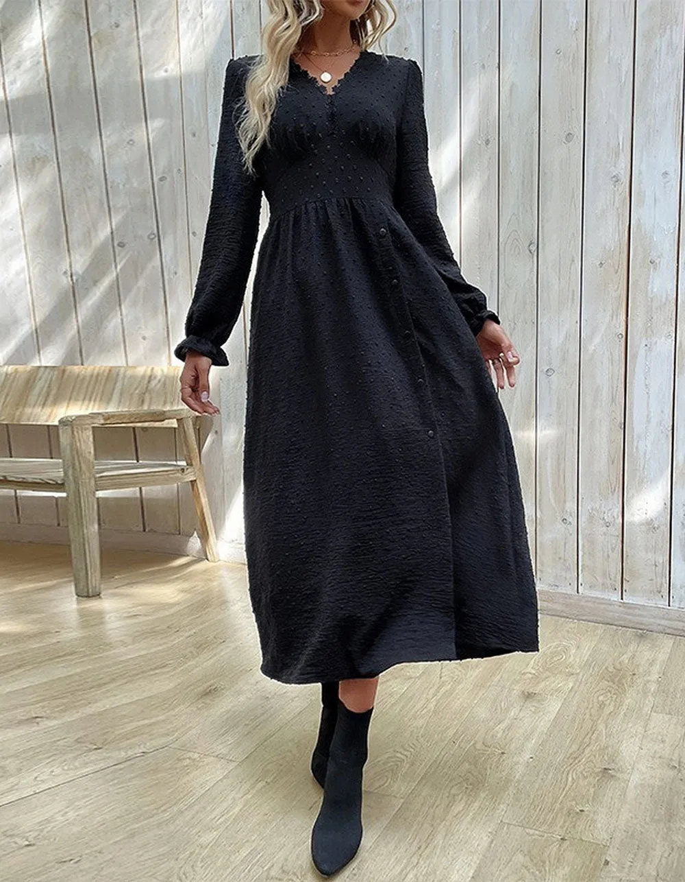 Solid-color Jacquard V Neck Long Sleeve Mid-Waist Slits Long A-Line Dresses