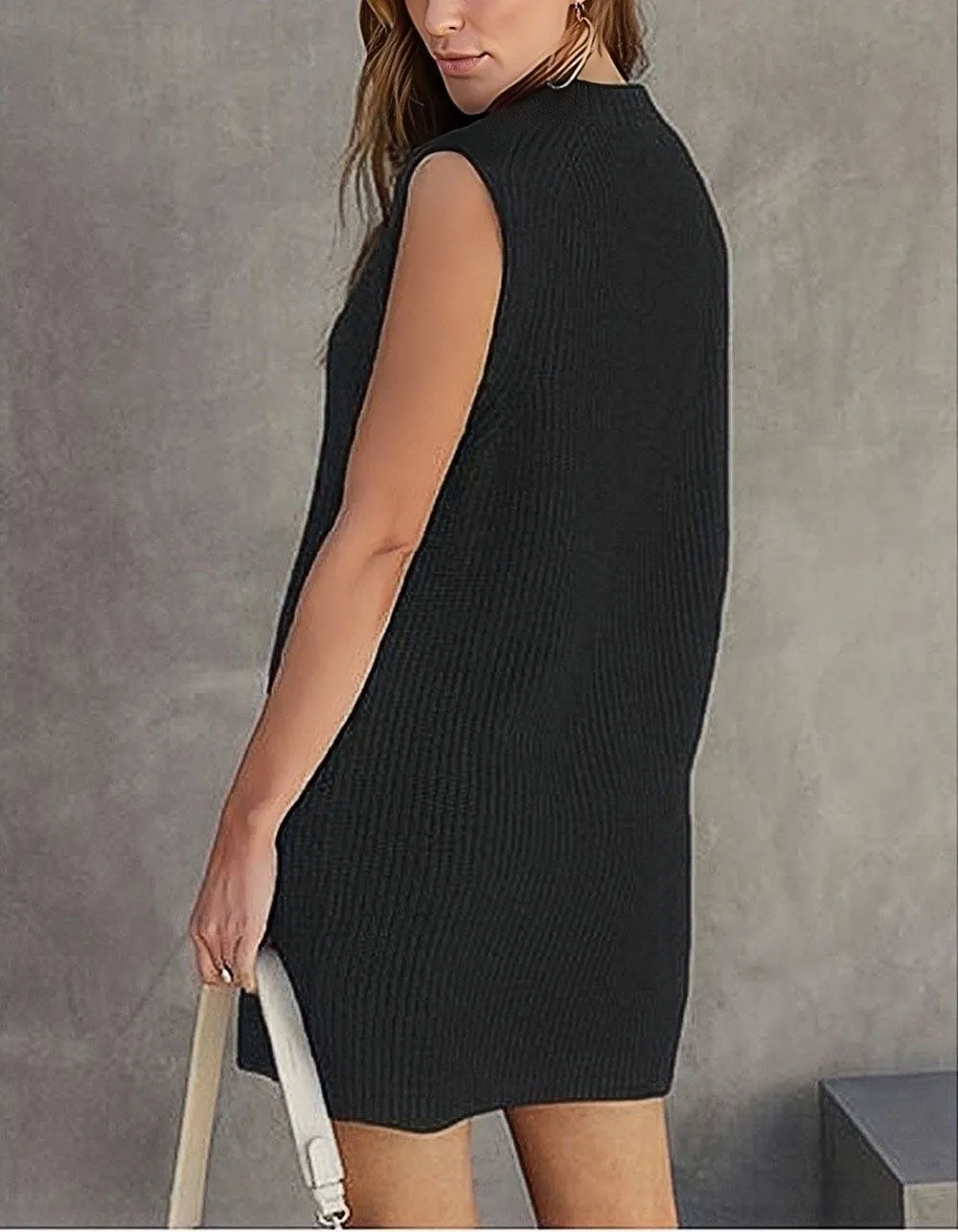 Solid-color Round Neck Sleeveless Slits Short Knitted A-Line Dresses