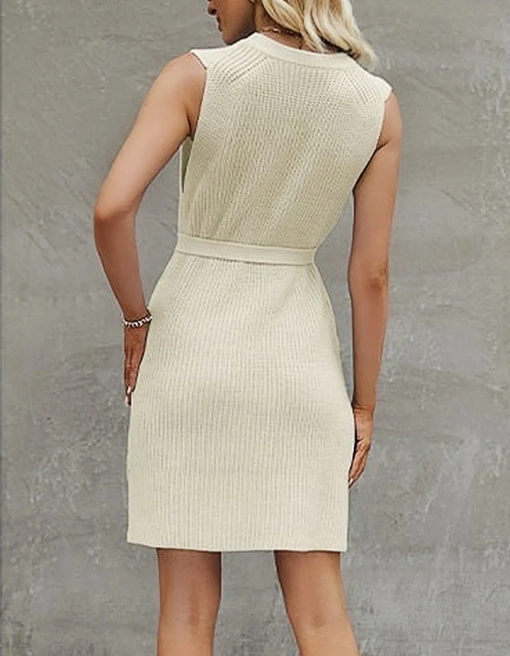 Solid-color Round Neck Sleeveless Slits Short Knitted A-Line Dresses