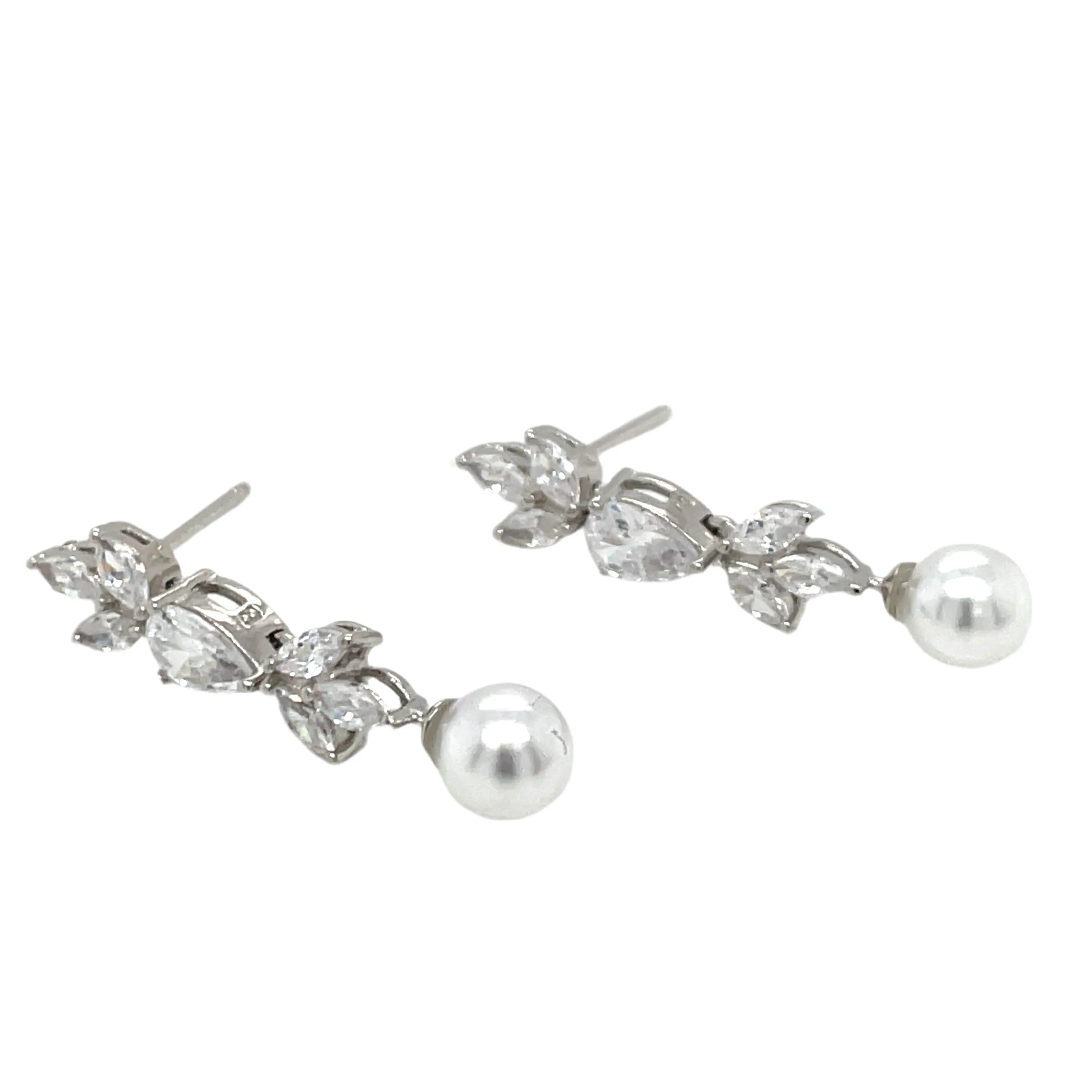 Sterling Silver Cz And Pearl Drop Earrings