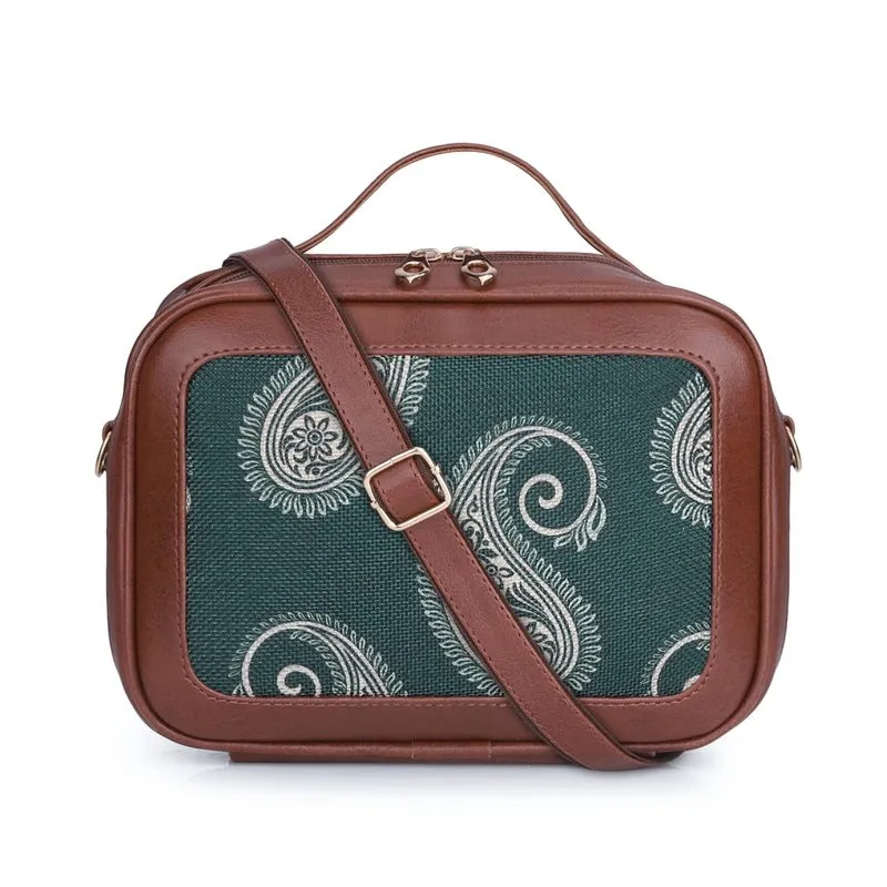 THE CLOWNFISH Abana Polyester and Faux Leather Crossbody Sling bag with Top Handle for Women Party Bag Purse with Adjustable Shoulder Strap and Printed Design for Ladies College Girls (Green)