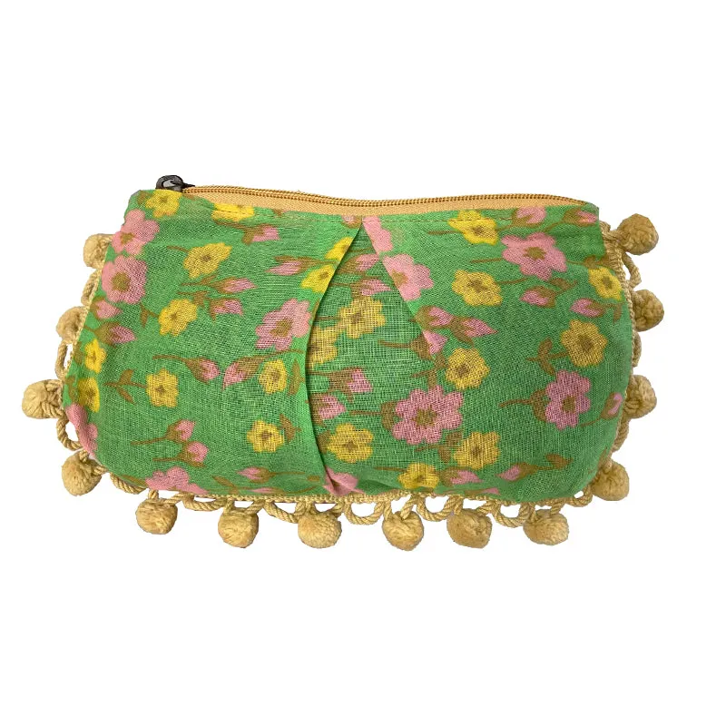 Tiny  Green, Pink & Yellow Floral Pom Pom Bag