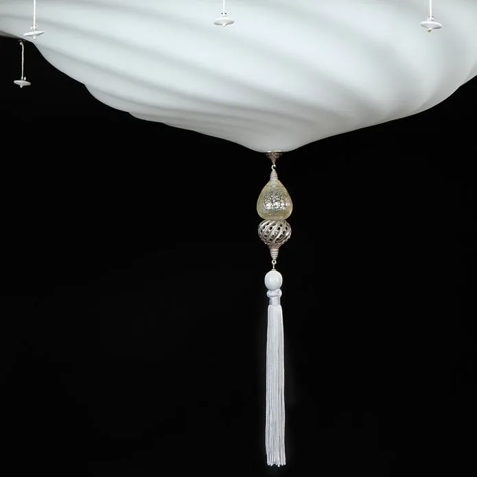 White Murano Glass Fortuny Style  Pendant Light With Silk Tassels