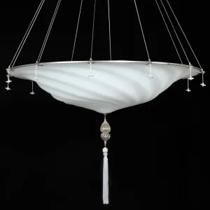 White Murano Glass Fortuny Style  Pendant Light With Silk Tassels