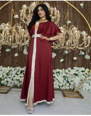 Wjczt Traditional Festival Gorgeous Party Style Grosgrain Muslim Women's Robe Dubai Jalabiya Lace Ribbon Ruffle Sleeve Dress Ab045