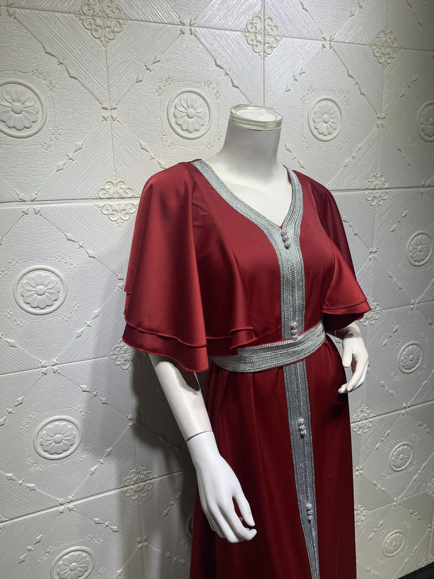 Wjczt Traditional Festival Gorgeous Party Style Grosgrain Muslim Women's Robe Dubai Jalabiya Lace Ribbon Ruffle Sleeve Dress Ab045