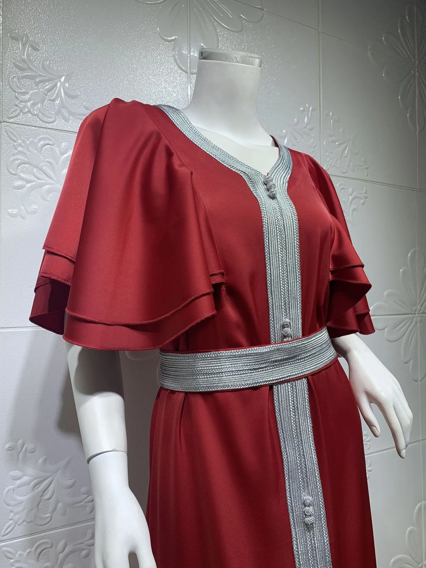 Wjczt Traditional Festival Gorgeous Party Style Grosgrain Muslim Women's Robe Dubai Jalabiya Lace Ribbon Ruffle Sleeve Dress Ab045