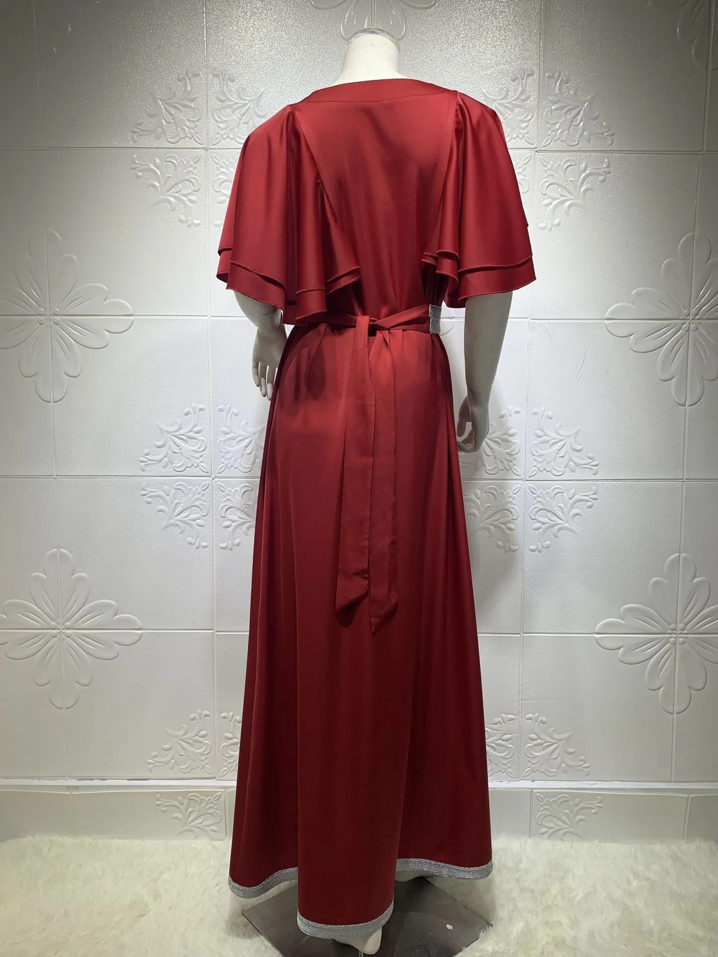 Wjczt Traditional Festival Gorgeous Party Style Grosgrain Muslim Women's Robe Dubai Jalabiya Lace Ribbon Ruffle Sleeve Dress Ab045