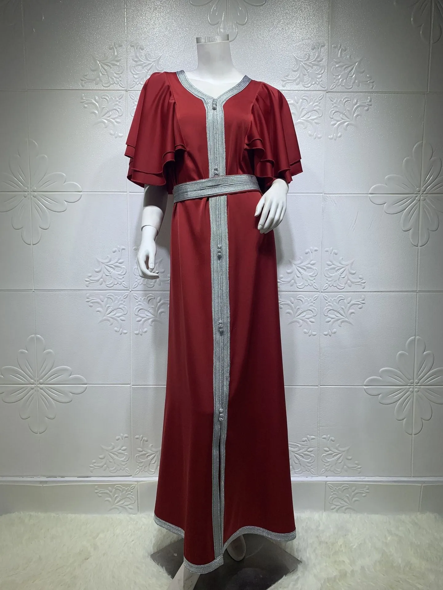 Wjczt Traditional Festival Gorgeous Party Style Grosgrain Muslim Women's Robe Dubai Jalabiya Lace Ribbon Ruffle Sleeve Dress Ab045