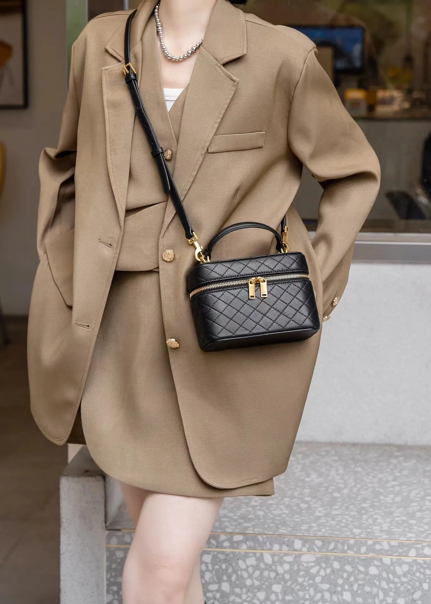Womens Leather Top Handle Cosmetic Box Bag