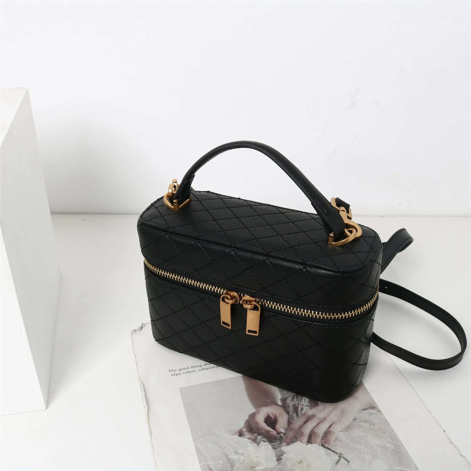 Womens Leather Top Handle Cosmetic Box Bag