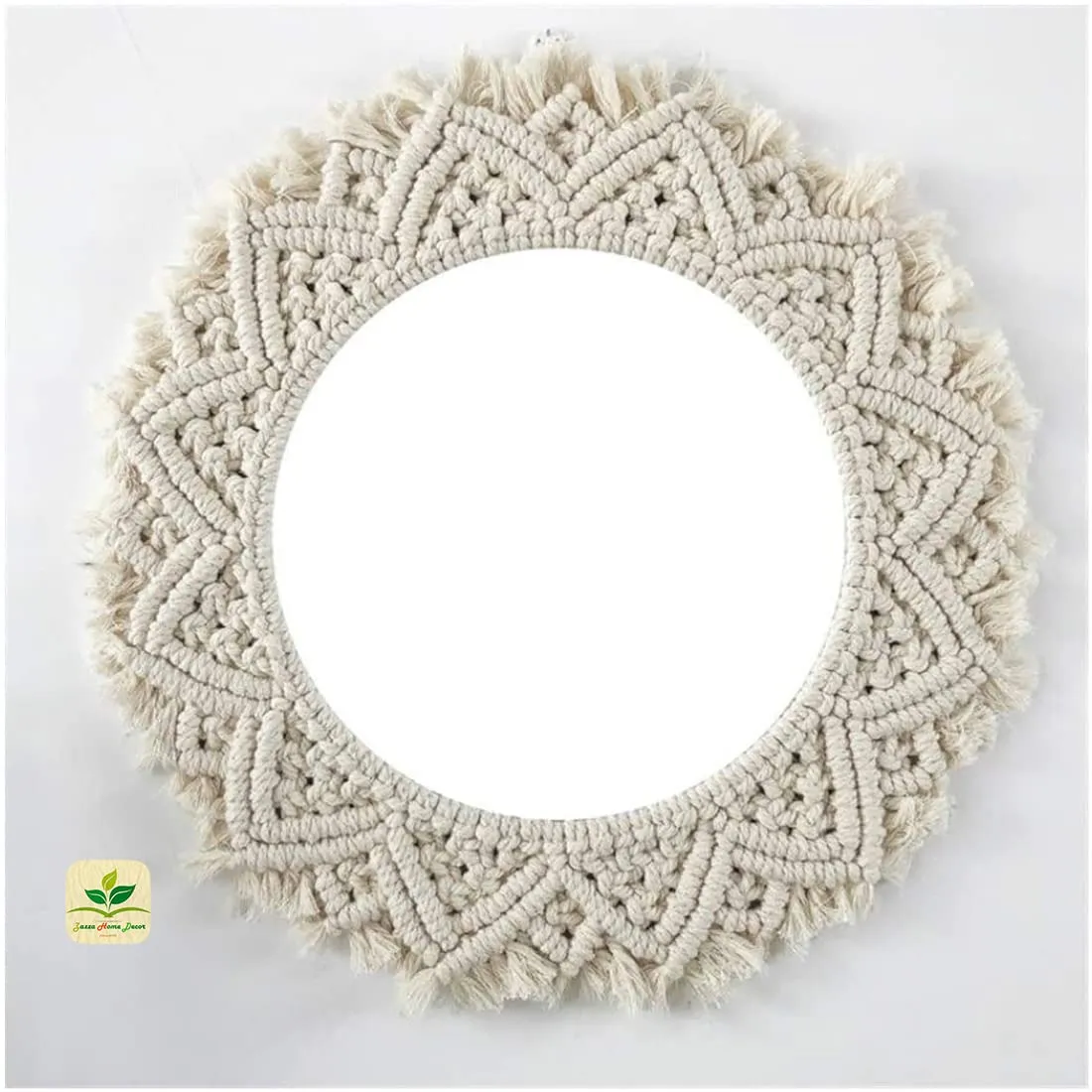 Zazza Home Decor - Macrame Handcrafed Round Wall Hanging Decor with Circle Mirror Home Decor for Livingroom Bedroom (Dia.- 43 cm, Mirror - 22 cm).