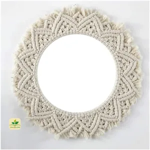 Zazza Home Decor - Macrame Handcrafed Round Wall Hanging Decor with Circle Mirror Home Decor for Livingroom Bedroom (Dia.- 43 cm, Mirror - 22 cm).