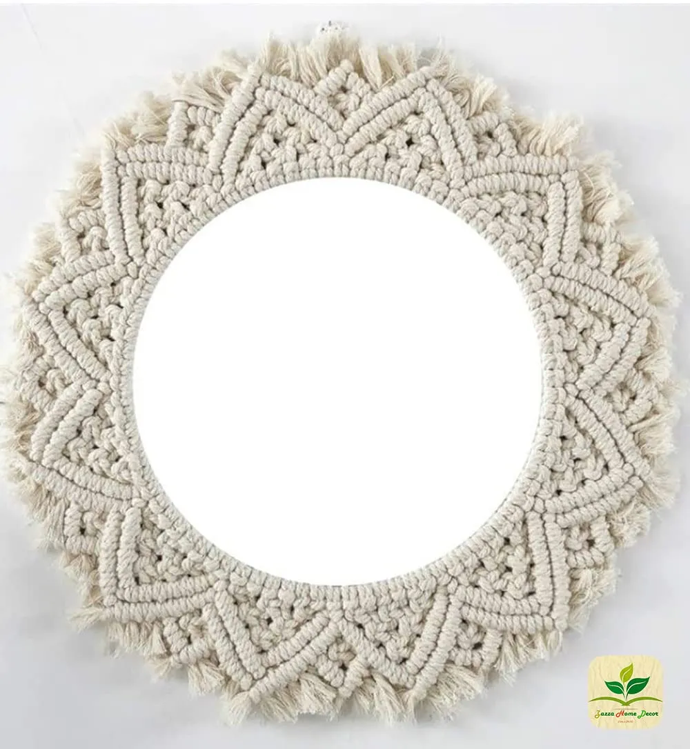 Zazza Home Decor - Macrame Handcrafed Round Wall Hanging Decor with Circle Mirror Home Decor for Livingroom Bedroom (Dia.- 43 cm, Mirror - 22 cm).
