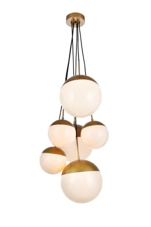 ZC121-LD6096BR - Living District: Eclipse 6 Lights Brass Pendant With Frosted White Glass